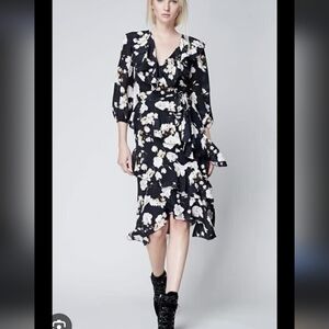 Alice + Olivia Black White Floral Ruffle Knee Legnth Graphic Floral Dress Size 2